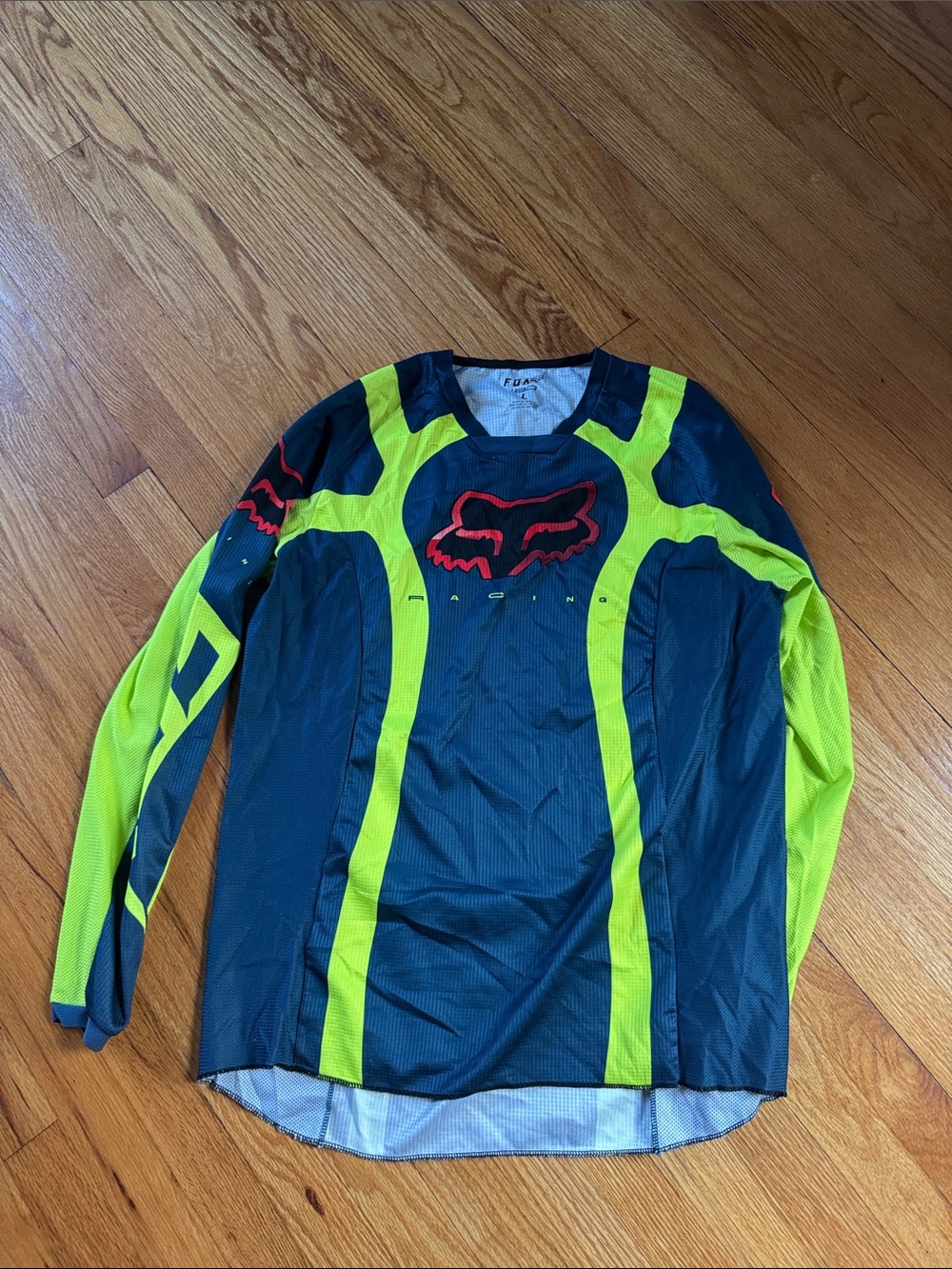 Fox Men’s Long Sleeve Jersey - Neon Yellow & Navy with Red Logo